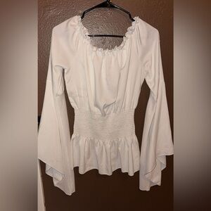 White Smocked Waist Peasant Blouse - Women